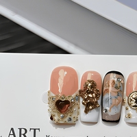 Ongles artificiels faits à la main à pression, forme amande, décorés de perles et strass, pré-conçus pour usage en salon