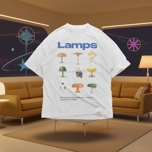 Maglietta grafica con lampade, iconi del Mid-Century e dello Space Age, abbigliamento casual unisex oversize - Product Image 3