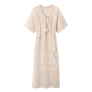 Vestido de punto holgado con cuello en V y manga corta para mujer Dalang, estilo lino, transpirable y ligero, ideal para verano. - Product Image 1