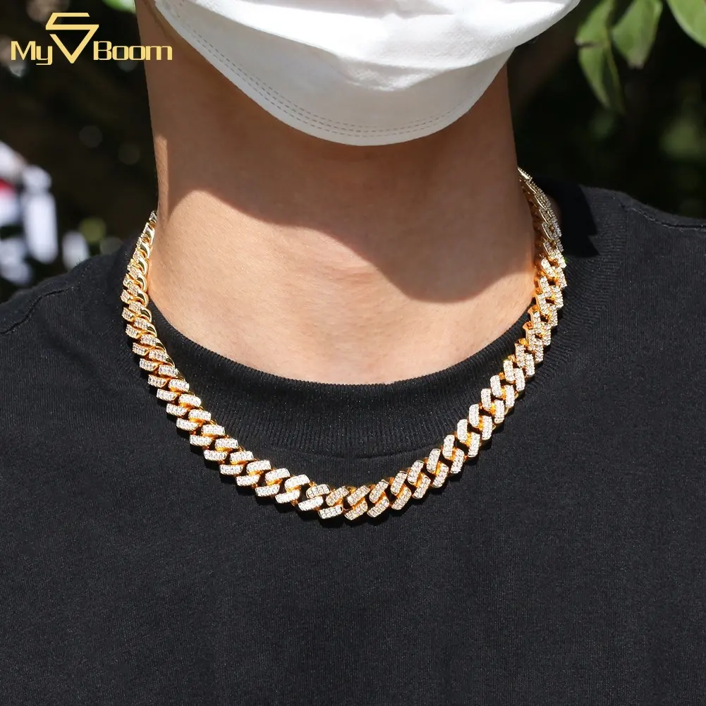 Dây Chuyền Hip Hop Unisex Miami Cuba Đính Đá CZ Mạ Vàng 18K Chất Liệu Đồng Thau 12Mm Dây Chuyền Mắt Xích Cuba Có Móc Co Giãn