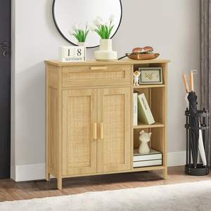 أبواب راتان من البلوط الطبيعي ، خزانة بثلاثة أرفف مفتوحة ، خزانة جانبية ، بمعنى المعيشة الفنية - Product Image 3