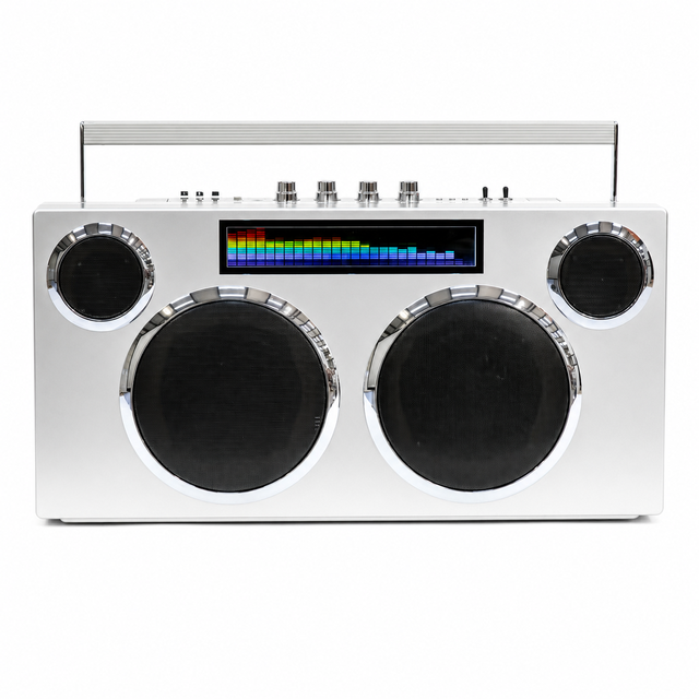 ELETREE Retro Portable Silver BT Stereo Boombox Deep Bass LCD Display Karaoke USB Music Player Wireless Speaker