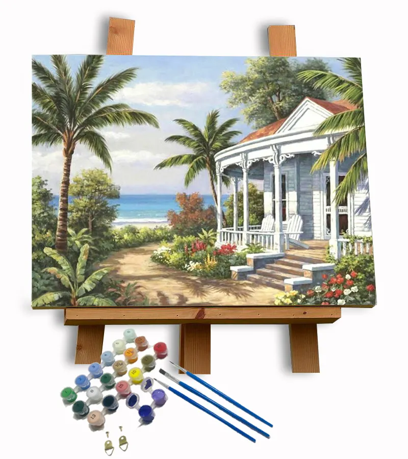 لوحة زيتية مخصصة يدوية الصنع لمنزل قرية ساحلية قماشية من مجموعة ألوان ذاتية الصنع رسم مناظر طبيعية بالأرقام