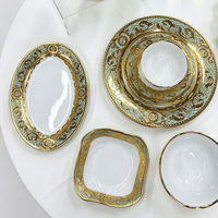 Service de couverts en céramique vintage HUAIYI, vert et or, motif floral gravé, vaisselle de luxe pour mariage, banquet, fête