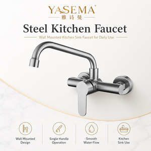 Grifo de Cocina de Pared <span class=keywords><strong>Huici</strong></span>, Diseño Moderno, Acero Inoxidable 304 Cepillado, Modelo 800, 2 Orificios, Mezclador de Agua, Válvula de Cerámica - Product Image 3