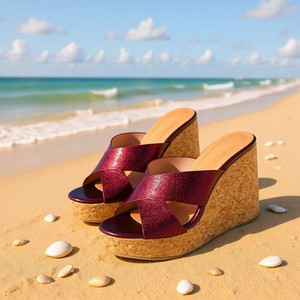 Nouvelles sandales compensées bordeaux à brides croisées avec motif grain de bois - Élégantes, polyvalentes et imperméables - Product Image 4