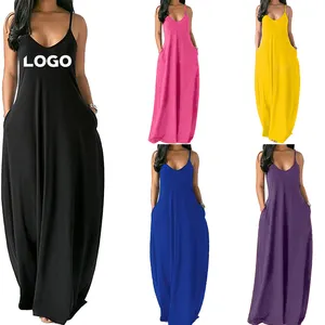 도매 새로운 여름 맥시 플러스 사이즈 여성 사용자 정의 로고 단색 넥타이 염료 딥 V 슬링 섹시한 Vestidos 드레스