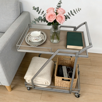 Chariot de bar Offre Spéciale à 2 niveaux en métal et en bois avec roulettes Support de rangement moderne pour collations et fêtes pour hôtels