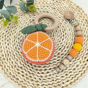 Anillo de madera para fruta, mordedor para bebé, sonajero de comida tejido, hecho a mano, pera, naranja, limón, juguetes para la dentición del bebé, juego de chupete, juego de regalo para recién nacido - Product Image 2