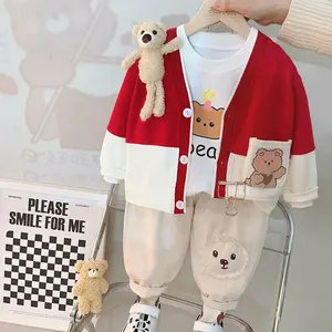 2024 Spring Autumn Infant Clothes Long Sleeve Cartoon T Shirt 3D Bear Cardigan Pants 3Pcs Children Wear Baby Boy Suit