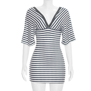 Vestido Viviblook C26DS256 para Mujer, Verano, Nuevo, Estampado a Rayas, Cuello en V, Espalda Descubierta, Manga Corta, Mini Vestido Ajustado - Product Image 1