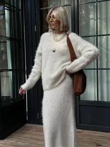 Completo Invernale Blubelle in Maglia a 2 Pezzi per <span class=keywords><strong>Donna</strong></span>, Maglione <span class=keywords><strong>Oversize</strong></span> con Gonna a Vita Alta, Abbigliamento Casual Elegante - Product Image 6