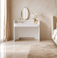 Coiffeuse moderne minimaliste en bois crème avec miroir éclairé, hauteur réglable, pliable, rangement maquillage pour chambre et salon