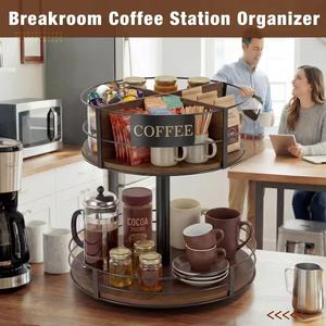 Cross-border wooden double-layer rotating condiment rack, coffee beverage organizer, <b>desktop</b> coffee capsule cup holder - Product Image 2