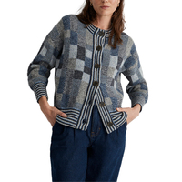 Cardigan en tricot jacquard à carreaux en maille, patchwork jean et denim, col rond, manches longues, en laine et acrylique, pour femme, vente en gros sur mesure