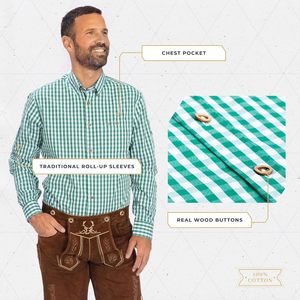 Chemise bavaroise sur mesure pour homme, chemise à carreaux verts à manches longues, col rabattu, chemise décontractée pour Lederhosen allemands - Product Image 5