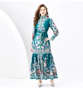 Custom Elegant Casual Dresses Long Sleeve Floral Print Vintage Noble Maxi Long Dress Vacation Party Wear