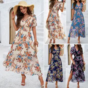Wholesale Custom OEM ODM Women's 2024 Spring/summer New Temperament Printed Waist Short Sleeve Long Dress Beach Holiday Dress