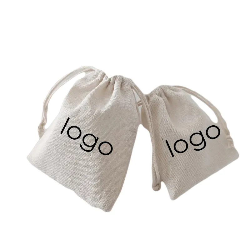 Custom private black cotton linen canvas drawstring bag with White printed logo for handbag hat cap shoe packaging dust pouch