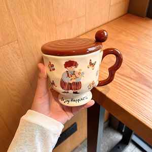 Mug en céramique avec couvercle et cuillère, tasse à pied au design de dessin animé pour café, petit-déjeuner, usage domestique, tasse individuelle - Product Image 1