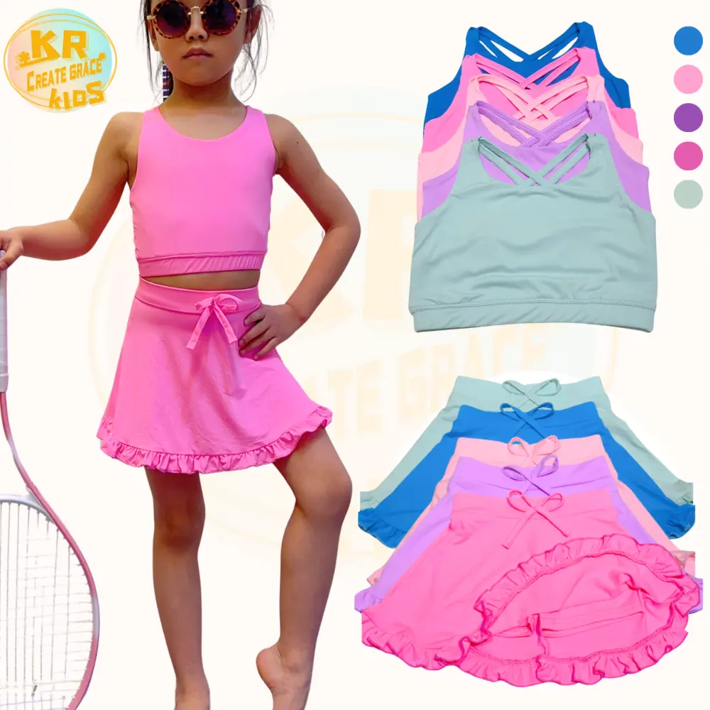 Setelan pakaian senam anak perempuan, bra latihan + rok 2 dalam 1 kupu-kupu tenis anak-anak, rok anak-anak