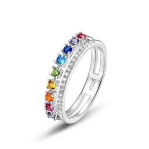 Wholesale High Quality Custom Fine Jewelry Rainbow Zirconia 7# Band Ring Women 925 Silver Colorful CZ Rings