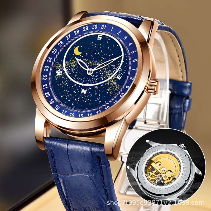 999 coque rose en cuir bleu [montre mécanique]]