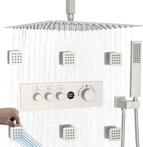 HONGDEC Brushed Nickel Bathroom Shower System Wall Mount Thermostatic Shower Faucet Brass Rainfall Shower System
