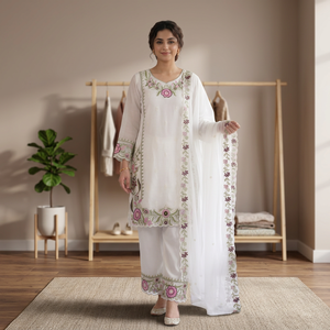 Nuevo Salwar Kameez Estilo Pakistaní Blanco para Mujer, Lujoso Conjunto de 3 Piezas con Bordado Floral, Traje Tradicional Indio para Fiestas de Invierno 2026 - Product Image 1