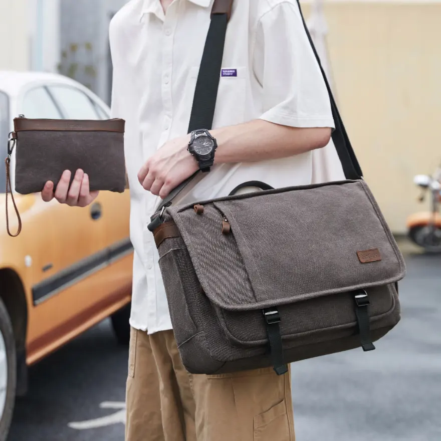 Nerlion Customize Logo Oil Wax Canvas Men Casual Vintage Large Capacity Messenger Bags Crossbody Shoulder Briefcase Bag