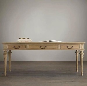 Table basse vintage en chêne massif vieilli, style campagne française, avec 3 tiroirs de rangement, pieds tournés, table centrale pour salon - Product Image 4