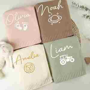 Manta de punto suave personalizada con nombre bordado, mantas de algodón tejidas para recién nacidos para cuna, cochecito, guardería, ropa de cama para el hogar - Product Image 2