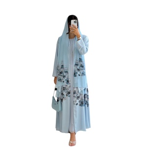 2025Loriya AliExpress <span class=keywords><strong>Dubai</strong></span> Midden-Oosten Bloemrijk Polyester Cardigan Turban Open Abaya Set Kraaltjes 3D-effect Prinsessenmouw Hals - Product Image 1