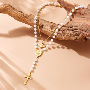 European American Style Oval Pearl <b>Rosary</b> <b>Necklace</b> With Angel Cross Stainless Steel Religious Jewelry Unisex - Product Image 3