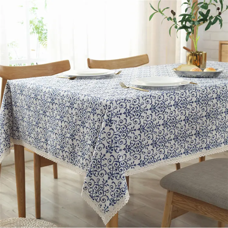 Factory Made Cotton Linen Tablecloth Blue And White Porcelain Graffiti Green Leaf Triangle Geometric Square Table Cloth