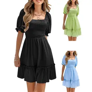 New Trending Ladies Mini Dress Square Neck Pleated Short Frocks for Women Casual