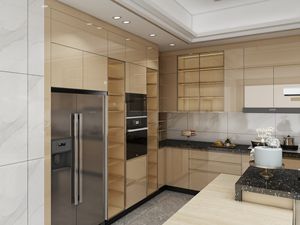 Gabinetes de Cocina Modulares Modernos de Alto Brillo, Puertas de Vidrio Marrón de Lujo, Construcción de Madera Contrachapada, Diseño Impermeable, Protector Contra Salpicaduras - Product Image 2