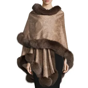 Women Cashmere Shawl with Fur Trim