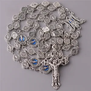 Articoli religiosi <span class=keywords><strong>Rosario</strong></span> 9*10mm blu vergine maria metallo decenni perline <span class=keywords><strong>Rosario</strong></span> cattolico ciondolo catena croce collana per donna e uomo - Product Image 1