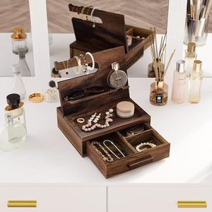 Organizador de Joyas de Madera con Cajón y Espejo para Almacenamiento y Exhibición en Escritorio - Product Image 1
