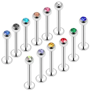 Boule de cristal pour les lèvres, boucle d'oreille, 1,2x6/8x3mm, acier inoxydable, Labret, piercing, Cartilage, Tragus, bijoux de corps, 12 couleurs mélangées