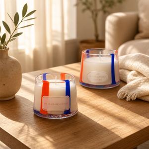 Bougie parfumée moderne en verre à rayures rouges et bleues, aromathérapie, mèche unique, décoration d'intérieur - Product Image 1