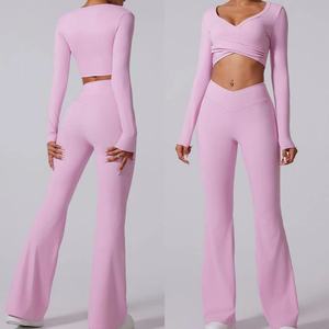 Nylon Spandex brossé lisse tricot tissu manches longues haut court et pantalon de survêtement évasé survêtement pour femmes Gym Yoga Fitness Wear - Product Image 1