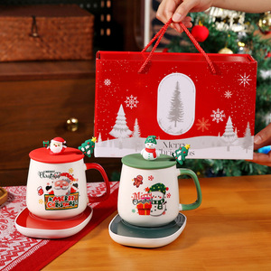 Christmas Thematic Ceramics Mugs With Santa And Snowman Design Red And Green Lids <b>Gift</b> Set For Holiday Season - Product Image 6