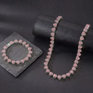 2 pz Set lucido a grappolo cuore ghiacciato fuori collana Miami e bracciale rosa/bracciale argenteo regalo di san valentino per uomo donna - Product Image 3