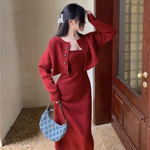 2024 cárdigan de manga larga informal de moda para mujer y camiseta vestido largo suéter conjunto doble cierre de un solo pecho para primavera - Product Image 2