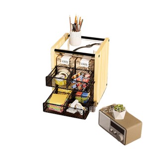 Estante de almacenamiento de madera para bolsas de té y café, organizador de cajones de cocina con cestas de metal, diseño de múltiples capas - Product Image 5
