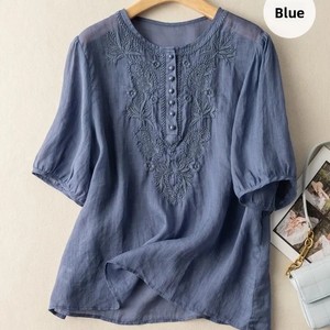 Abbigliamento Donna <span class=keywords><strong>M</strong></span>-2XL, Camicetta Estiva in Stile Etnico Vintage con Ricami in Cotone e Lino, Collo Tondo, Manica Corta, Top Largo, Blusas Mujer - Product Image 1
