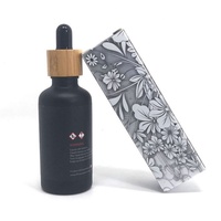 Kemasan Kosmetik 30ml Botol Tetes Kaca Tutup Bambu Cetak Sablon Hitam Matte untuk Serum Minyak Esensial dengan Tabung Kertas Kosong