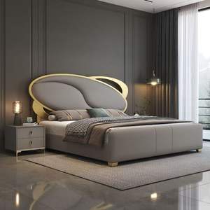 Cama de almacenamiento de elevación de madera con <span class=keywords><strong>Base</strong></span> de acero dorado de lujo italiano, cama de cuero suave Master Home, habitación de Hotel, camas de lujo con luz - Product Image 2